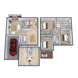 A 3D floor plan of a house with a red car parked in the driveway.