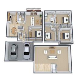 A top-down view of a house layout with two cars.