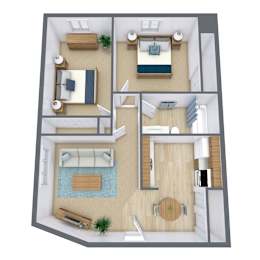 A 3D floor plan of a small apartment with a living room, kitchen, and bedroom.