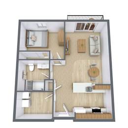 A 3D floor plan of a small apartment with a kitchen, living room, and bathroom.