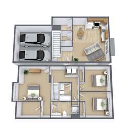 A top-down view of a two-story house with a garage on the first floor and a living area on the second floor.