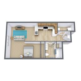 A 3D floor plan of a house with a living room, kitchen, and two bedrooms.