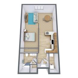 A 3D image of a small apartment layout with a bedroom, living room, and kitchen.