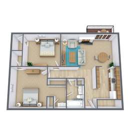 A 3D floor plan of a house with a living room, kitchen, and two bedrooms.