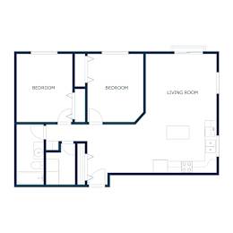 A floor plan of a house with two bedrooms, a living room, and a kitchen.