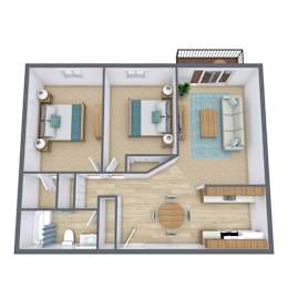 A 3D floor plan of a house with two bedrooms and a living area.