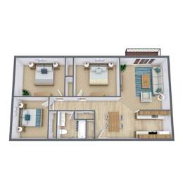 A 3D floor plan of a house with two bedrooms, a living room, a kitchen, and a bathroom.