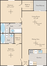 A floor plan of an apartment home with a living area, dining area, kitchen, two bedrooms with a walk-in closet and a patio/balcony.