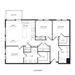 A black and white image of a floor plan for a 1,229 square foot home.