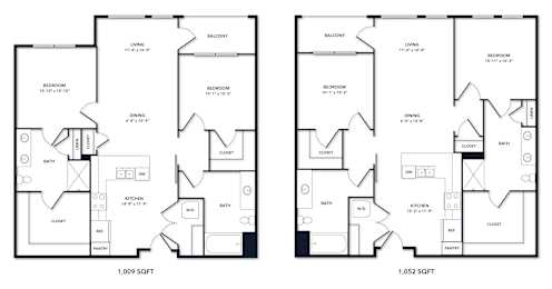 A floor plan of a two bedroom apartment with 1,009 square feet and another with 1,052 square feet.
