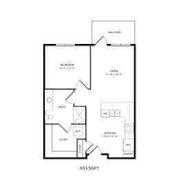 A floor plan of a 653 square foot home.
