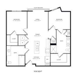 A floor plan of a 958 square foot apartment