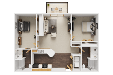 A 3D floor plan of a small apartment with a kitchen, living room, and bathroom.