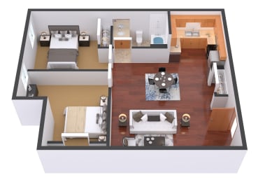 a floor plan of a one bedroom apartment with two beds and a living room with a fireplace