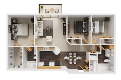 A detailed 3D floor plan of a modern apartment layout.