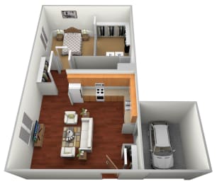 a 3d drawing of a floor plan with a bedroom and a living room