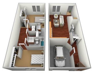 a stylized floor plan with a car and a bedroom