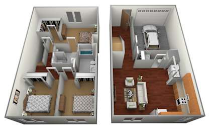 A 3D floor plan of a small apartment with two bedrooms, a living room, and a kitchen.