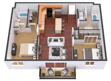 A 3D floor plan of a house with a kitchen, living room, dining room, and bathrooms.