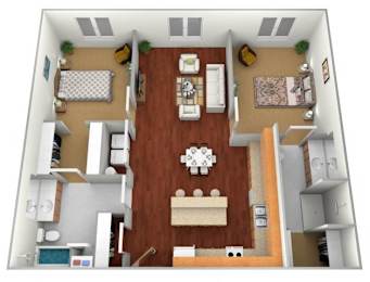 A top-down view of a small apartment with a kitchen, living room, and bedroom.
