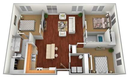 A 3D floor plan of a small apartment with a kitchen, living room, and bedroom.