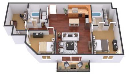 A 3D floor plan of a house with a kitchen, living room, dining room, and two bedrooms.