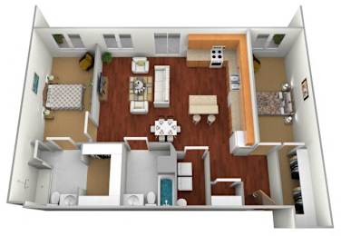 A 3D floor plan of a house with a kitchen, living room, and two bedrooms.