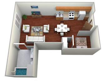 A 3D floor plan of a house with a kitchen, dining area, and a bathroom.