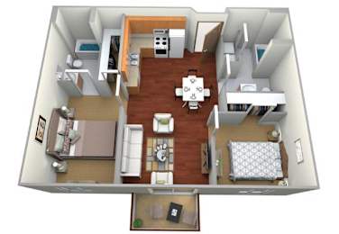 A 3D floor plan of a small apartment with a kitchen, living room, and bedroom.