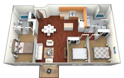 A 3D floor plan of a house with a kitchen, living room, and two bedrooms.