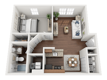 A top-down view of a small apartment with a living room, kitchen, and bedroom.