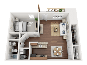 A top-down view of a small apartment with a kitchen, living room, and bedroom.