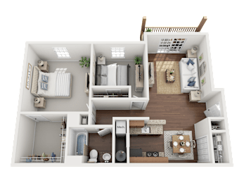 A 3D floor plan of a small apartment with a kitchen, living room, and bedroom.