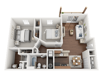 A 3D floor plan of a house showing a living room, two bedrooms, a kitchen, and a bathroom.