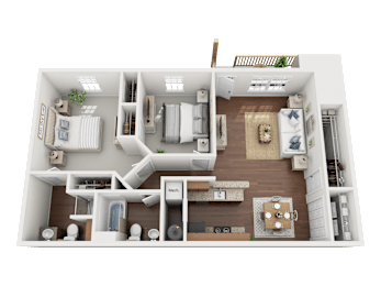 A 3D floor plan of a small apartment with a kitchen, living room, and bathroom.