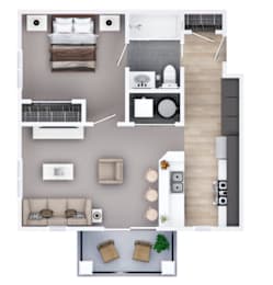 A top-down view of a modern apartment layout with a kitchen, living room, and bedrooms.