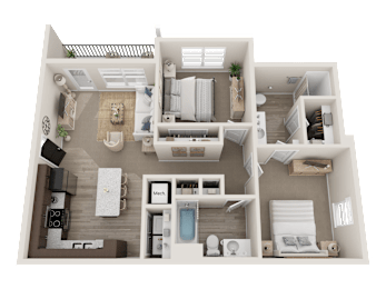 A 3D floor plan of an apartment showing a kitchen, living room, dining area, and bedrooms.