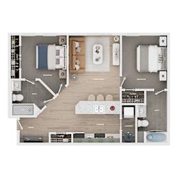 A floor plan of a small apartment with two bedrooms, a living room, a kitchen, a laundry area, and an entryway.