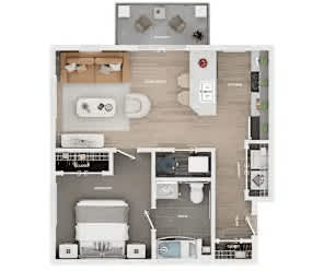 A floor plan of a small apartment with a kitchen, living room, and bathroom.