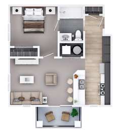 A top-down view of a modern apartment layout with a kitchen, living room, and bedrooms.