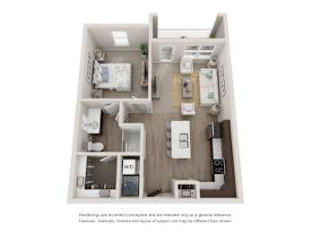 A 3D floor plan of an apartment with one bedroom and a living area.