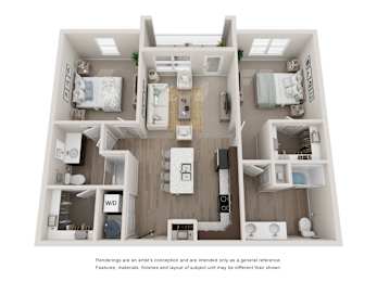 A 3D floor plan of an apartment with two bedrooms and a living area.