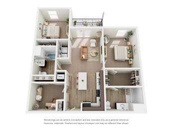 A white floor plan of a house with a kitchen, living room, and bedrooms.