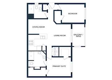 A floor plan of a house with a primary suite, living room, dining room, and bedroom.