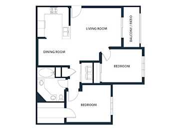 A black and white image of a floor plan for a home with a living room, dining room, and two bedrooms.