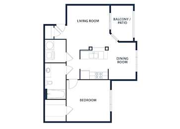 A black and white image of a floor plan for a home with a living room, dining room, and bedroom.