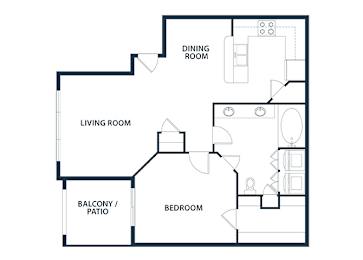 A black and white image of a floor plan for a home with a living room, dining room, bedroom, and balcony.