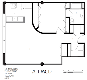 A black and white floor plan of a modular home with labeled rooms.