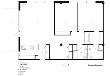 A black and white floor plan of a C-1a apartment with a living room, kitchen, dining room, and bedrooms.