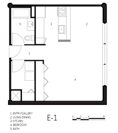 A black and white image of a floor plan of an E-1 plan